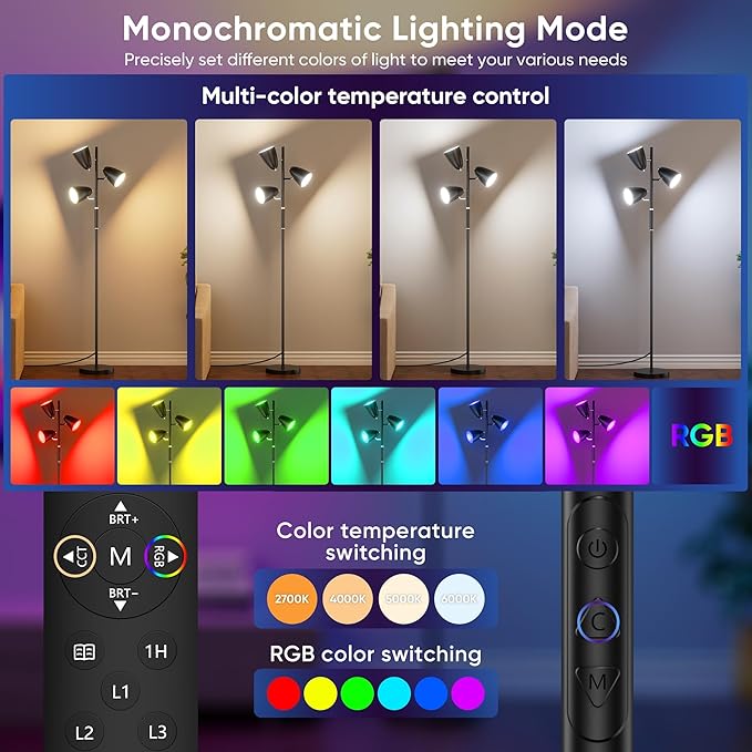 QiMH LED Floor Lamp for Living Room, 36W Modern Standing Lamp with 3 Lights, Tree Floor Lamp for Bedroom with 4 Colors Changing& RGB Mode, Remote and Touch Control Stepless Dimmable Tall Lamp, Black