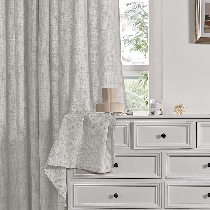 YoungsTex Light Grey Linen Curtains 84 Inch Length for Living Room, Textured Semi Sheer Window Drapes with Bronze Grommet Light Filtering for Bedroom Dining, 2 Panels, 52 X 84 Inch