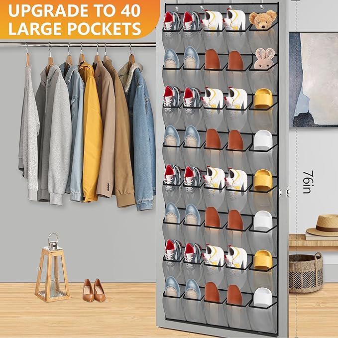 Over the Door Shoe Organizer, 40 Large Mesh Pockets Hanging Shoe Rack Organizer for Closet Behind The Door Storage Holder for Entryway Bedroom Dorm Gray