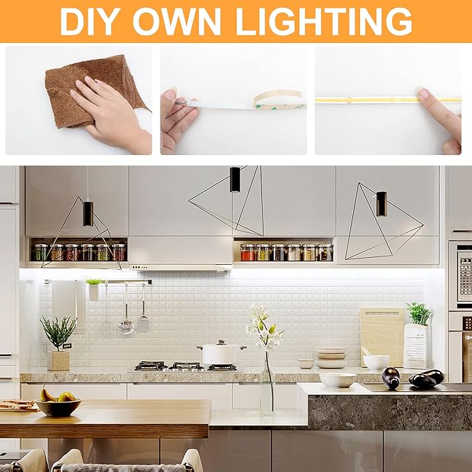 COB LED Strip Lights with Remote, 24V 9.84ft White Dimmable LED Light Strips, High Bright 6000K LED Lights with Power Supply for Room, Kitchen, DIY Home Decoration