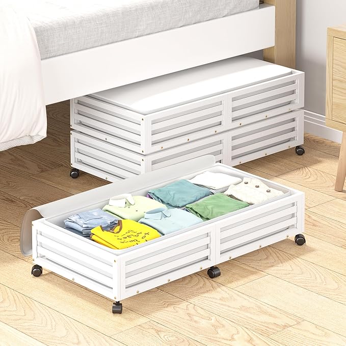 Bamboo Under Bed Storage Containers- Underbed Organizer with Wheels with Large Capacity Dust Bag,Sturdy Wood Rolling Under Bed Shoe Storage Organizer 2 Packs (White, 2 Packs (33.07"×16.54"))