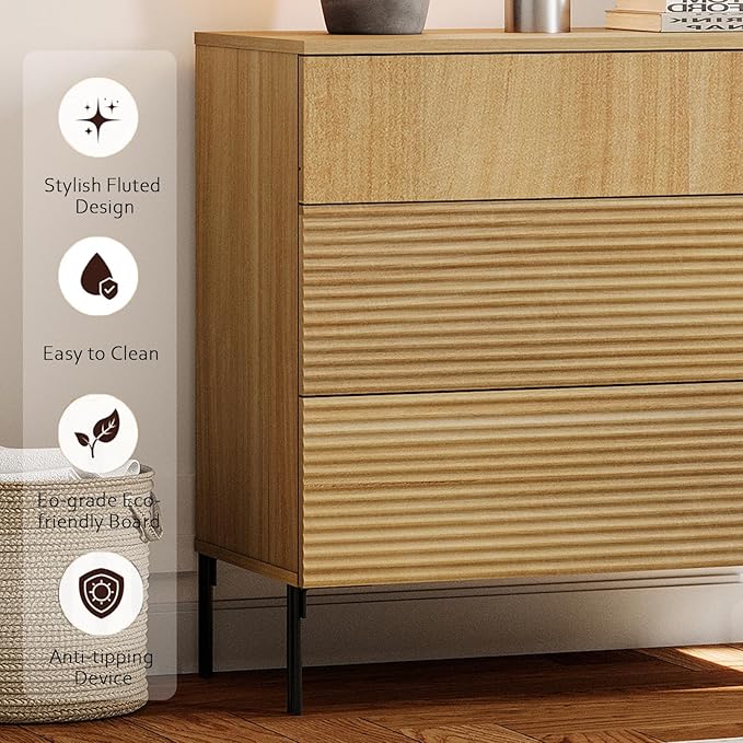 WAMPAT 94.5" W Fluted Dresser for Bedroom, Modern 9 Drawer Dresser TV Stand with Hidden Handles, Wooden Chest of Drawers Closet Clothes Storage Organizer for Bedroom, Living Room, Oak