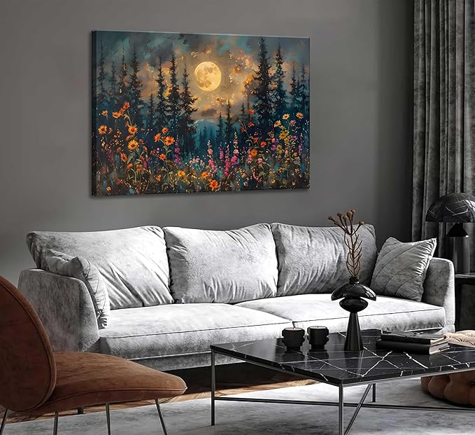 Full Moon Forest Canvas Wall Art Moonlit Pine Tree Mountains and Wildflowers Woodland Nature Landscape Picture Wall Decor Poster Print Artwork for Bedroom Living Room Home Decoration
