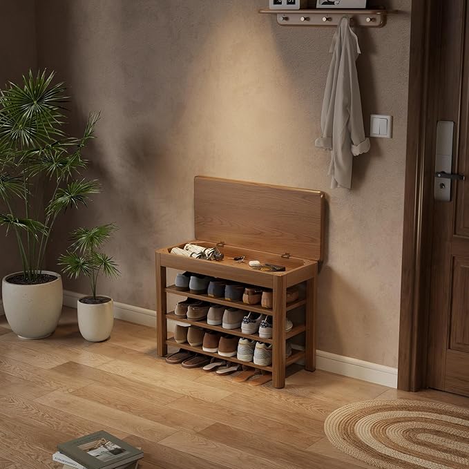 AQIMUELE 3 Tier Shoe Bench with Storage, Wood Shoe Rack for Front Door Entrance, Entryway Shoe Storage Bench.