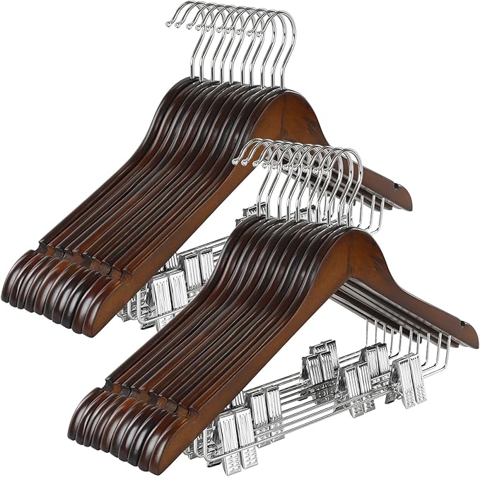 TOPIA HANGER Wooden Suit Hangers with Adjustable Metal Clips (20 Pack), Solid Wood Clothes Hangers, 360° Swivel Hook, Premium Retro Finish Pants Hangers for Clothes Coat, Jeans, Blouse-CT28A20