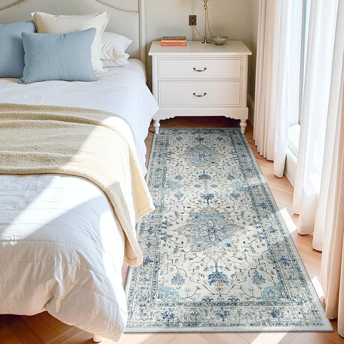 Area Rugs 3'x7' Washable Non-Slip, Floral Vintage Distress Print Pattern Medallion Carpet for Living Room Bedroom Dining Room, Light Blue Navy Beige Gray White