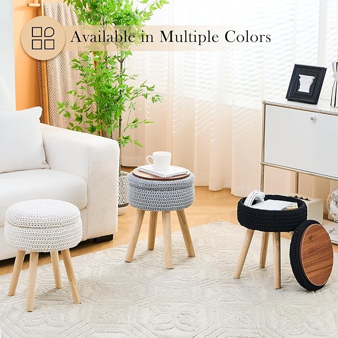 LGENHOOM Round Foot Stool Ottoman with Storage Footrest with Wood Legs Cotton Knitted Vanity Stool Tray Top Coffee Table Multifunctional Upholstered Footstool for Living Room Bedroom White