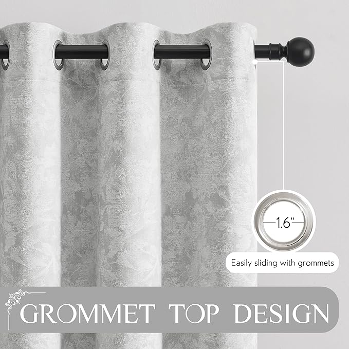 Beauoop Grey Floral Jacquard Blackout Curtains 84 Inches Long for Patio Sliding Door Extra Wide Chenille Flower Divider Room Darkening Thermal Soundproof Grommet Window Drapes, 100x84 Set of 1