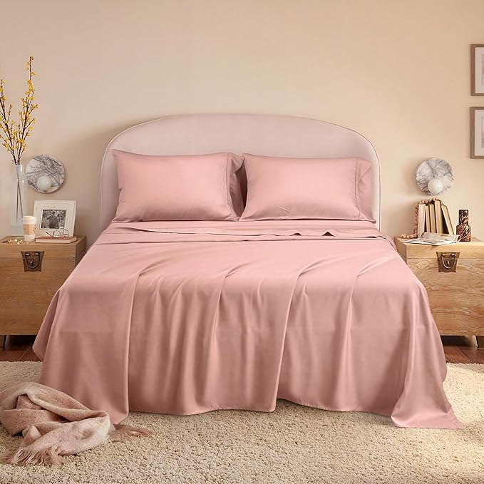 King Sheets, Rayon Derived from Bamboo, Cooling Bed Sheets Set,Deep Pocket Up to 16", 4 Pieces Silky Soft, Breathable Bedding Sheets & Pillowcases(Pink,King)