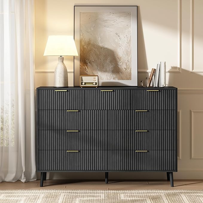CARPETNAL Fluted 9 Drawer Dresser for Bedroom, 55" Wide Wooden Chest of Drawers with Rounded Corners, Gold Handles, Modern Storage Organizer for Bedroom, Hallway(Black)