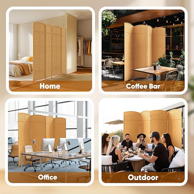 JOSTYLE 6ft. Tall Extra Wide Folding Privacy Screens with Diamond Double-Weave Room dividers and Freestanding Privacy Screens(Yellow, 4-Panel)