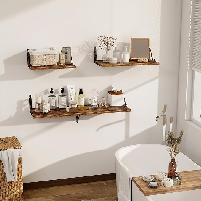 Dreamland Deep Floating Shelves, 31" W x 12" D Wall Shelves Set of 2, Wide Display Shelf Wall Mounted with Brackets, Bookshelf for Living Room, Bathroom, Bedroom, Rustic Brown