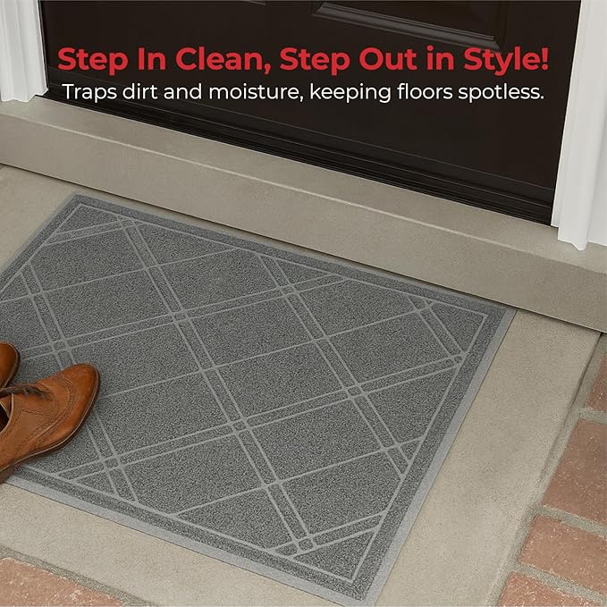 SlipToGrip Durable Door Mat - Grey Plaid Design Entryway Rug - 35x23 inches, No-Slip and Washable - Indoor and Outdoor Use, Weatherproof - Ideal for Garage, Patio, and Front Entryway
