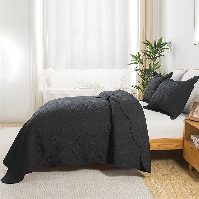 HoneiLife Quilt Sets King Size - Microfiber Bedspreads for King Bed, 3-Piece Lightweight Coverlets, Retro Bedlinen Sets, King Quilt Bedding Set All Season Use-Black