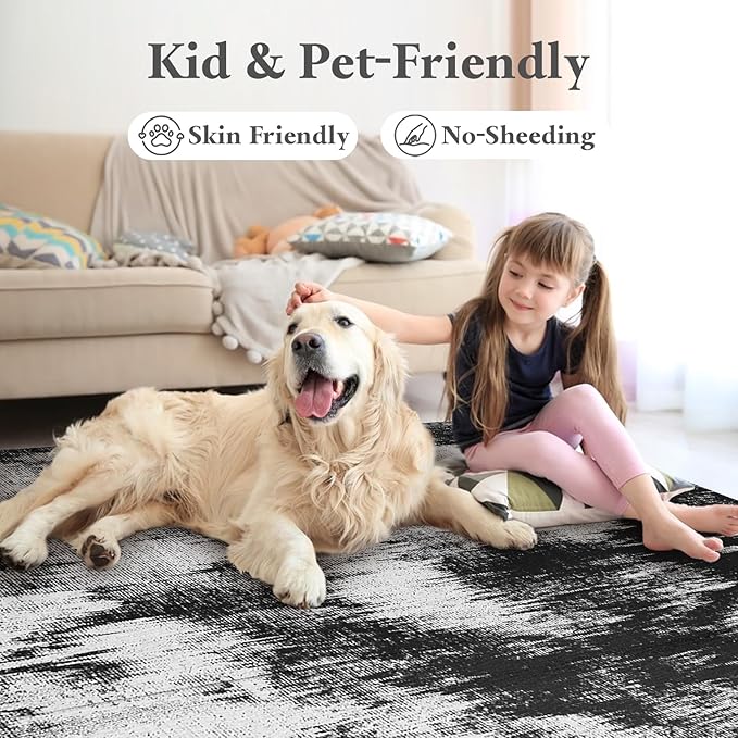 Area Rugs 8x10, Modern Abstract Machine Washable Rugs for Living Room Thin Carpet Indoor Floor Non-Shedding Carpets for Bedroom Dining Room Farmhouse Home Office | Black White