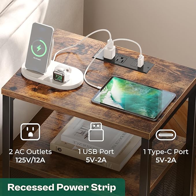 Huuger Nightstands Set of 2, End Tables with Charging Station, Side Tables with Fabric Drawers, Bedside Tables with USB Ports and Outlets, Night Stands for Bedroom, Rustic Brown and Black