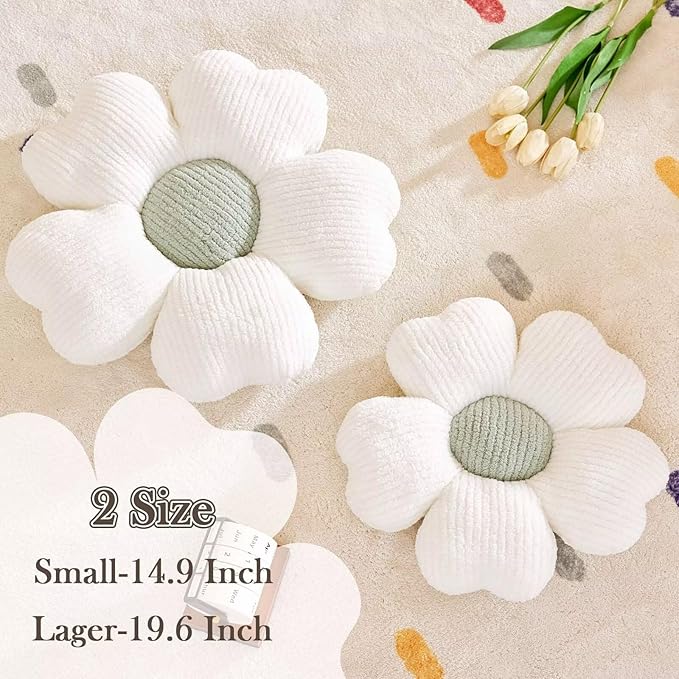 Kcvvcr Flower Throw Pillow, Cute Flower Shaped Pillow Decorative Throw Pillow for Bed Couch, Soft Daisy Pillows Floor Seating Cushion Cushions (19.6 Inch White+Green)
