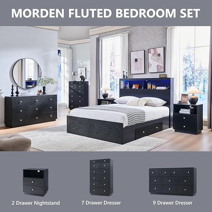 Fluted Dresser for bedroom, 55"W Black 9 Drawer Dressers, Wood Tall Dresser Storage Organizer, Modern Bedroom Chest of Drawers with Deep Storage for Closet Hallway, Entryway, Living Room Black