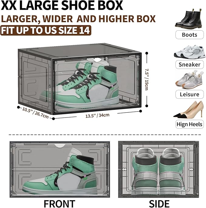 10 Pack XX Large Shoe Organizer, Heavy-Duty Hard Thicken Plastic Clear Stackable Shoe Storage Box Organizer for Closet, Space-Saving Shoe Rack Display Case Bin Containers for Sneakers, Grey