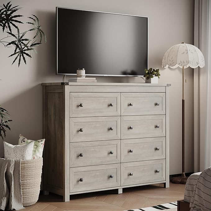 Dresser for Bedroom with 8 Drawers, Farmhouse Wood Chest of Drawers, Wide TV Stand Closet Storage Furniture with Metal Handle, Modern Clothes Organizer for Hallway, Living Room, Entryway, Light Grey