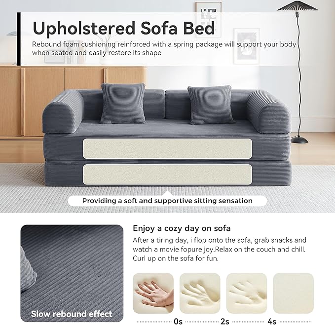 Sofa Bed, Corduroy Sleeper Sofa Bed with Fixed Frame, Floor Sofa Lounge with Pillow, Convertible Folding Mattress Couch for Living Room, Bedroom, Lounge, Studio (Dark Grey)