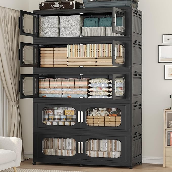 250GAL Extra Large Storage Bins with Lid, 1000QT Storage Bins with Wheels, Folding Closet Organizer, Stackable Collapsible Plastic Storage Containers for Home, Office, Kitchen, 5Pack Black