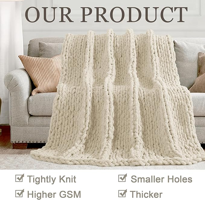 Chunky Knit Throw Blanket 50"X 60", 100% Handmade with Soft Chenille Yarn, 4.4lbs Thick Cable Knitted Blankets, Large Rope Knot Crochet Throws for Couch Sofa Bed Home Decor, Beige