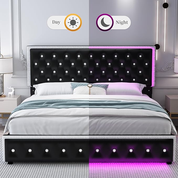 Full Led Bed Frame with 2 Drawers, Upholstered Platform Storage Bed Frames Full Size with Crystal Button Tufted Headboard Footboard, Solid Slats, No Box Spring Needed, Easy Assembly, PU Black