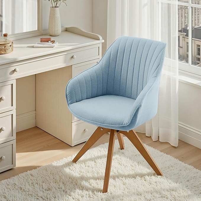 Zouron Mid Century Modern Accent Chair with Wooden Legs, Upholstered Swivel Chair No Wheels, Side Accent Armchair Vanity Chair for Small Space Home Office Living Room Bedroom, Light Blue