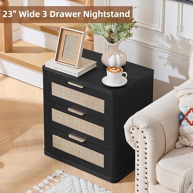 LEYAOYAO Rattan Night Stand with Drawers, 23" Large 3 Drawer Boho Nightstand, Black Bedside Table Storage Cabinet, Bed Side End Tables Dresser for Bedroom, Living Room, Hallway, Closet