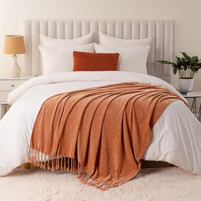 BATTILO HOME Fall Caramel Throw Blanket for Couch, Bed, Sofa - Soft Cozy Rust Orange Chenille Throw with Fringe Tassels, Lightweight Fall Knit Throw for Fall Decor, 50"x60"