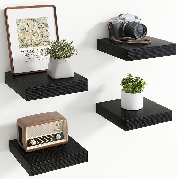 Axeman Square Floating Shelves for Wall, 8" W x 8" D x 1.4" H Rustic Wooden Wall Shelves, 4 Pack Wall Mounted Floating Shelf with Invisible Brackets for Living Room, Bathroom, Kitchen, Black Color
