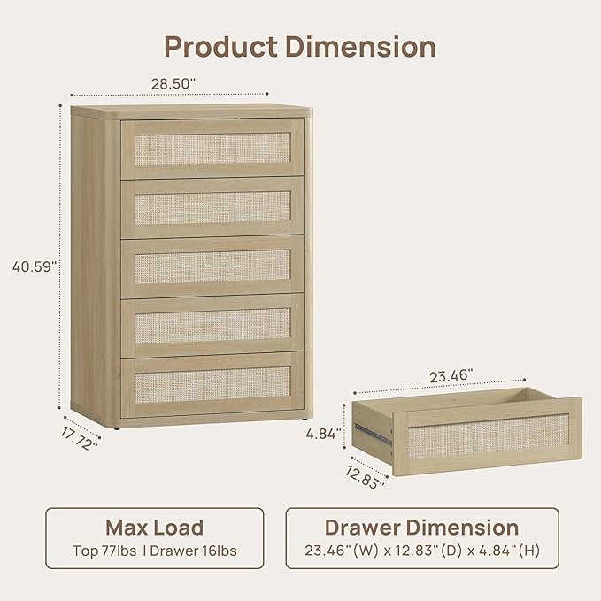 SICOTAS Tall Dresser for Bedroom - Rattan 5 Drawer Dressers Chest of Drawers with Push-to-Open Design, Boho Extra Deep Clothes Dresser with Large Storage for Closet, Living Room, Sand Oak, 2PCS