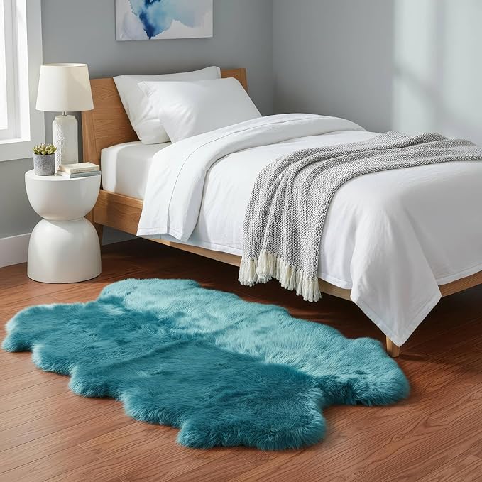 Beach Blue Genuine Sheepskin Rug 4x6 ft, Real Fluffy Quad Pelt Fur Area Rug for Living Room, Bedroom, & Nursery, Shaggy Boho, Modern, or Farmhouse Decor