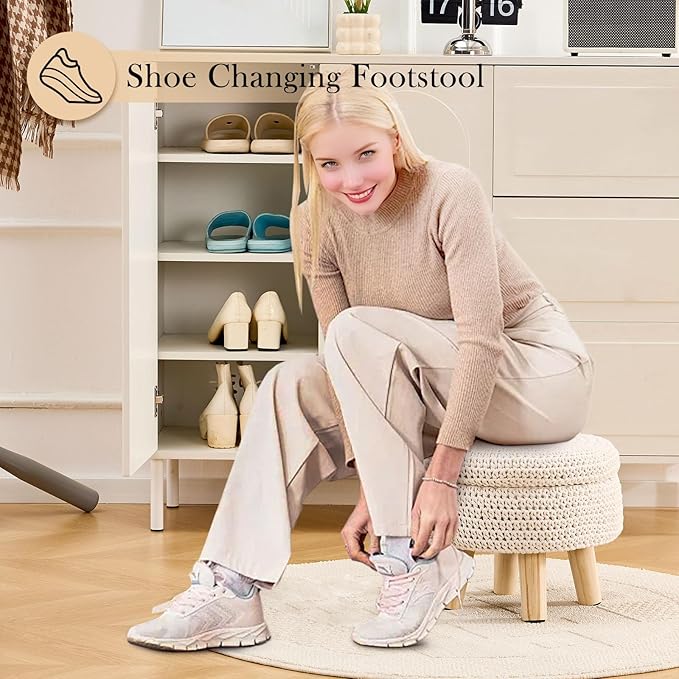 LGENHOOM Round Storage Ottoman Foot Rest Cotton Braided Foot Stool Pouf Ottoman with Solid Wood Legs Footstool with Storage Shoe Changing Stool for Living Room White