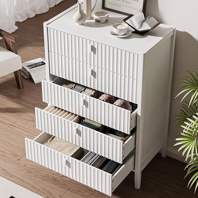 White 5 Drawer Dresser, Modern Tall Dresser for Bedroom, Fluted Wood Chest of Drawers with Deep Drawers for Clothes, Storage Cabinet for Bedroom, Living Rooms, Offices, Entryways