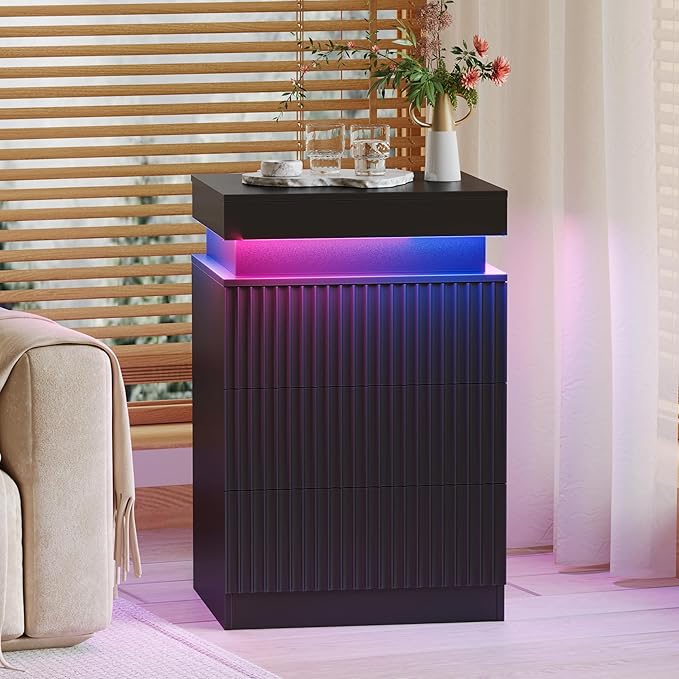 Black Nightstand with 3 Drawers and LED Light, Mid Century Modern Fluted Night Stand with Charging Station, Bedside Table & End Table for Bedroom