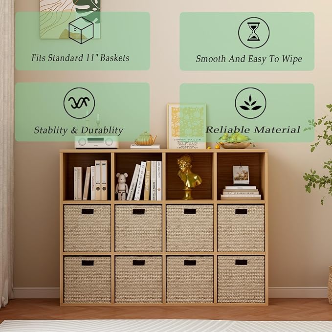 OSCHF 12-Cube Storage Shelf Bookcase - Wooden 3-Tier Floor Standing Open Bookshelf for Home and Office, Display Cabinet, Oak