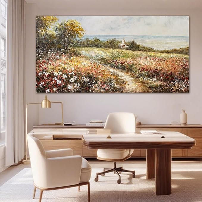 YETHEN WAL Wildflower Meadow Landscape Wall Art with Cottage – Panoramic Country Path Canvas Print, Floral Nature Artwork for Living Room Bedroom, 24x48 Inch