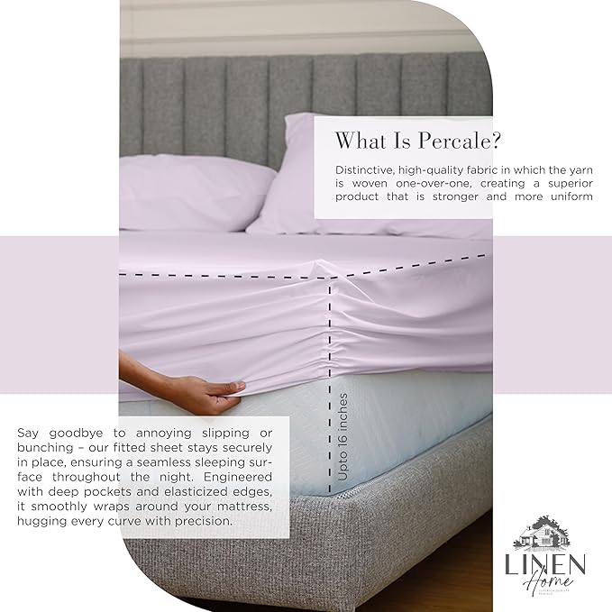 Linen Home 100% Cotton Percale Sheets California King Size, Iris Lilac, Deep Pocket, 4 Pieces Set - 1 Flat, 1 Deep Pocket Fitted Sheet and 2 Pillowcases, Crisp Cool and Strong Bed Linen