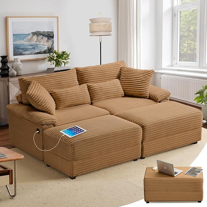 SUNWAVE 74" Double Chaise Lounge Chair Indoor, Oversized Loveseat with Removeable Ottoman, Corduroy Couch with USB Charging, Storage Ottoman, and Coffee Table Cushions for Living Room