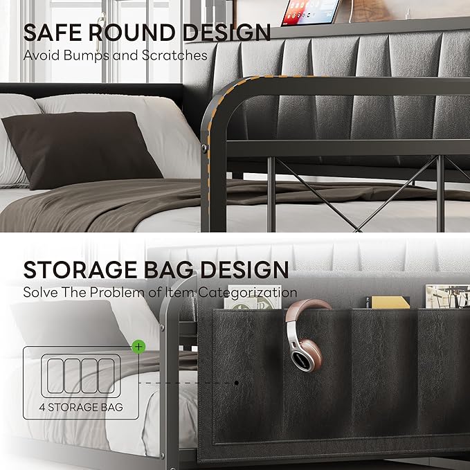 LIKIMIO Daybed with Trundle Bed, Twin Bed Frame with Storage Headboard and Charging Station, Sofa Day Bed with Strong Supports for Living Room, Bedroom, and Guest Room, Black