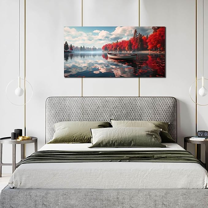 Large Wall Art for Living Room Bedroom Office Red Forest Wall Art Lake Landscape Pictures Modern Artwork Framed Canvas Prints 20x40 Inch