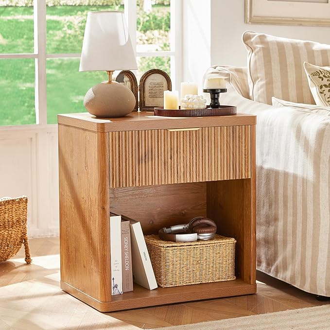 LEYAOYAO 48" Wide Fluted Dresser and 1 Drawers 23" Nightstand Set of 2, Wooden Dresser & Night Stand with Charging Station, 3 Piece Bedroom Furniture Set, Chest of Drawer for Living Room,Brown