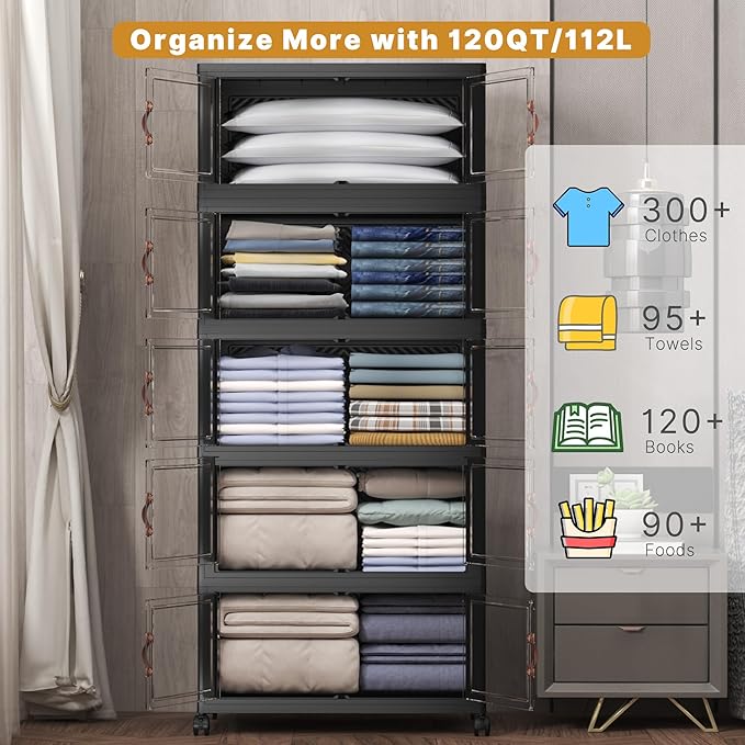 Extra Large Stackable Storage Bins with Lids & Wheels, Foldable Plastic Storage Bins (Dark, 275QT-55QT/14GAL*5Pack)