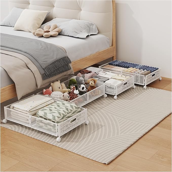 Under Bed Storage with Wheels, Foldable Pattern Carved Metal Under The Bed Storage, Tool-Free Assembly Under The Bed Storage Bins, 60L Underbed Storage for Bedroom Clothes Blankets Shoes Toys-4 Pack