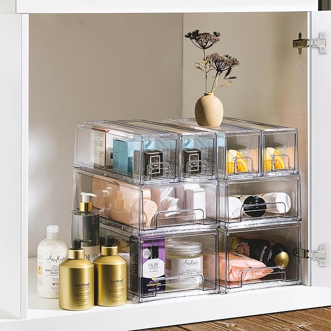 Sorbus Small Wide Clear Stackable Storage Drawers – 2-Pack Plastic Organizer Bins with Handles – Stackable Pull-Out Storage Drawers for Closet, Pantry, Office, Bathroom, Craft, and Toy Organization