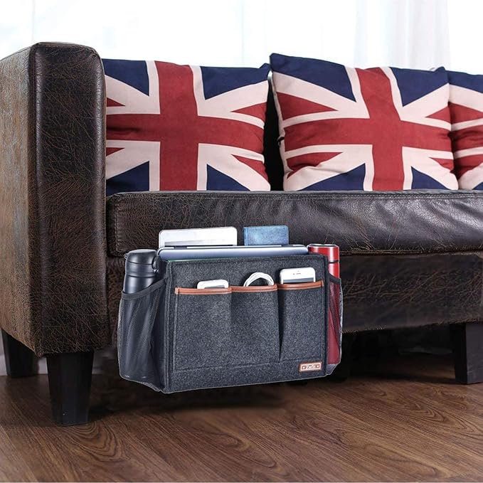 Bedside Caddy, Large Size Storage Organizer with 8 Pockets - Holds Magazines, Remotes, Phone (13.4'' x 18.1'', Dark Grey)