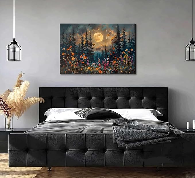 Full Moon Forest Canvas Wall Art Moonlit Pine Tree Mountains and Wildflowers Woodland Nature Landscape Picture Wall Decor Poster Print Artwork for Bedroom Living Room Home Decoration