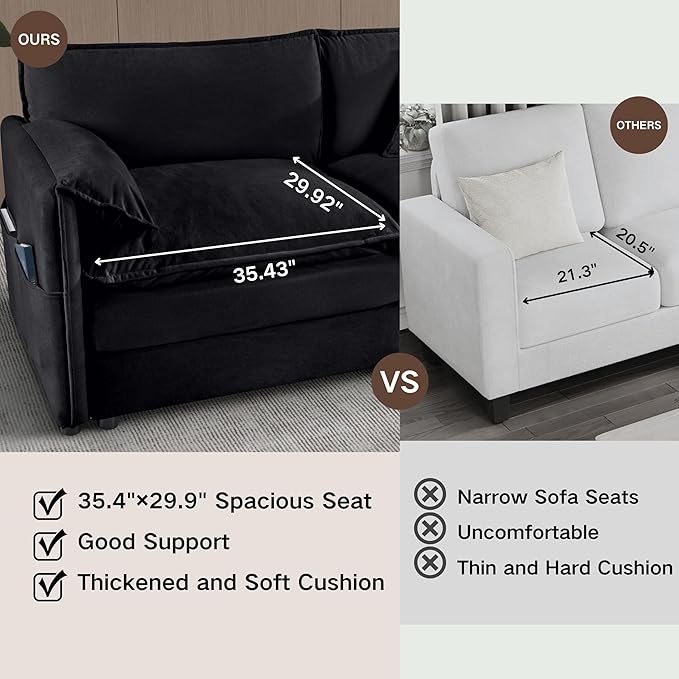 KEIKI Oversized Accent Chair Set of 2, Chenille Modern Comfy Deep Seat Large Upholstered Armchair with Side Pockets, Reading Single Sofa Chairs for Bedroom Living Room Apartment, Black